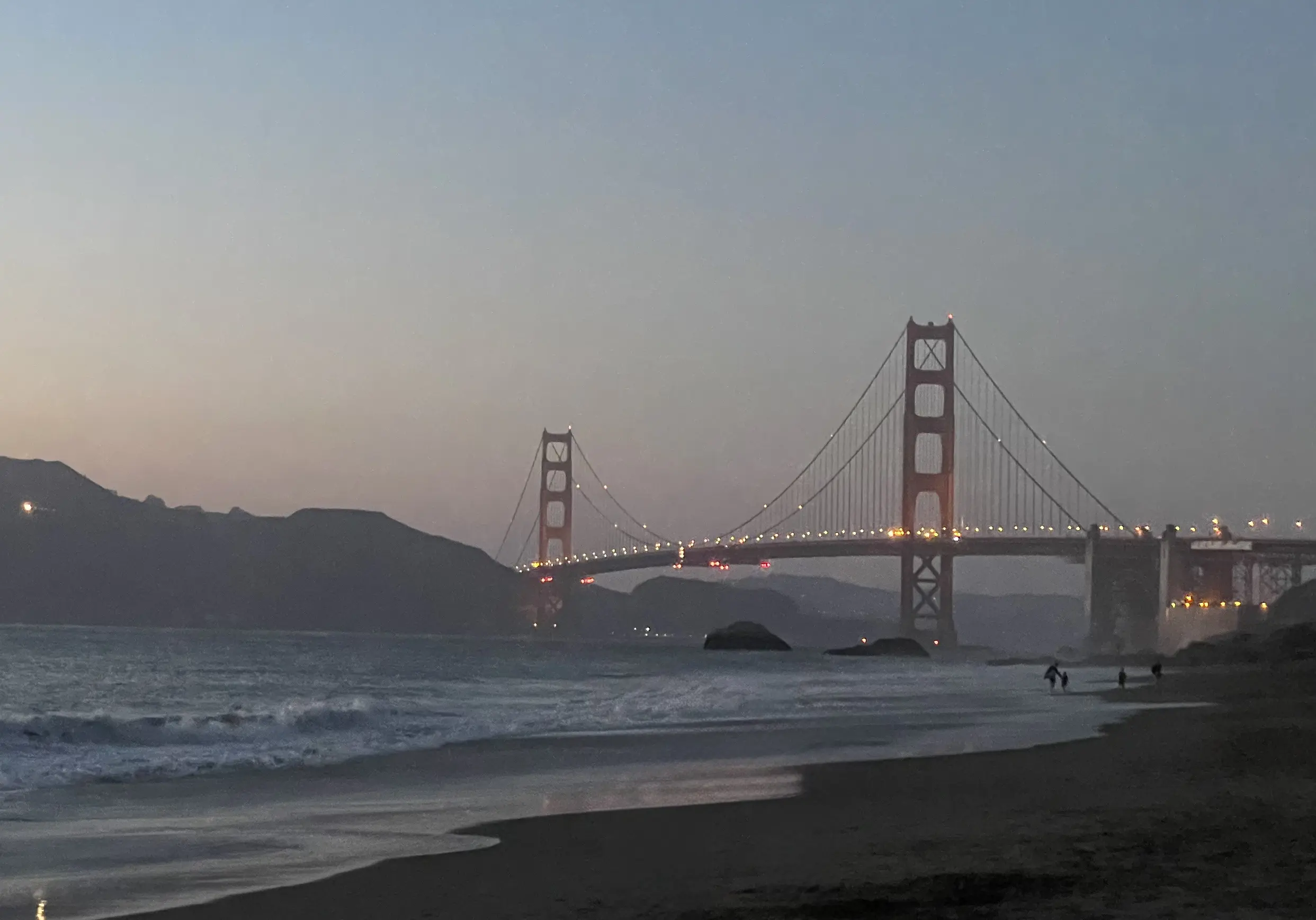 Golden Gate Bridge at dusk, Baker Beach, San Francisco